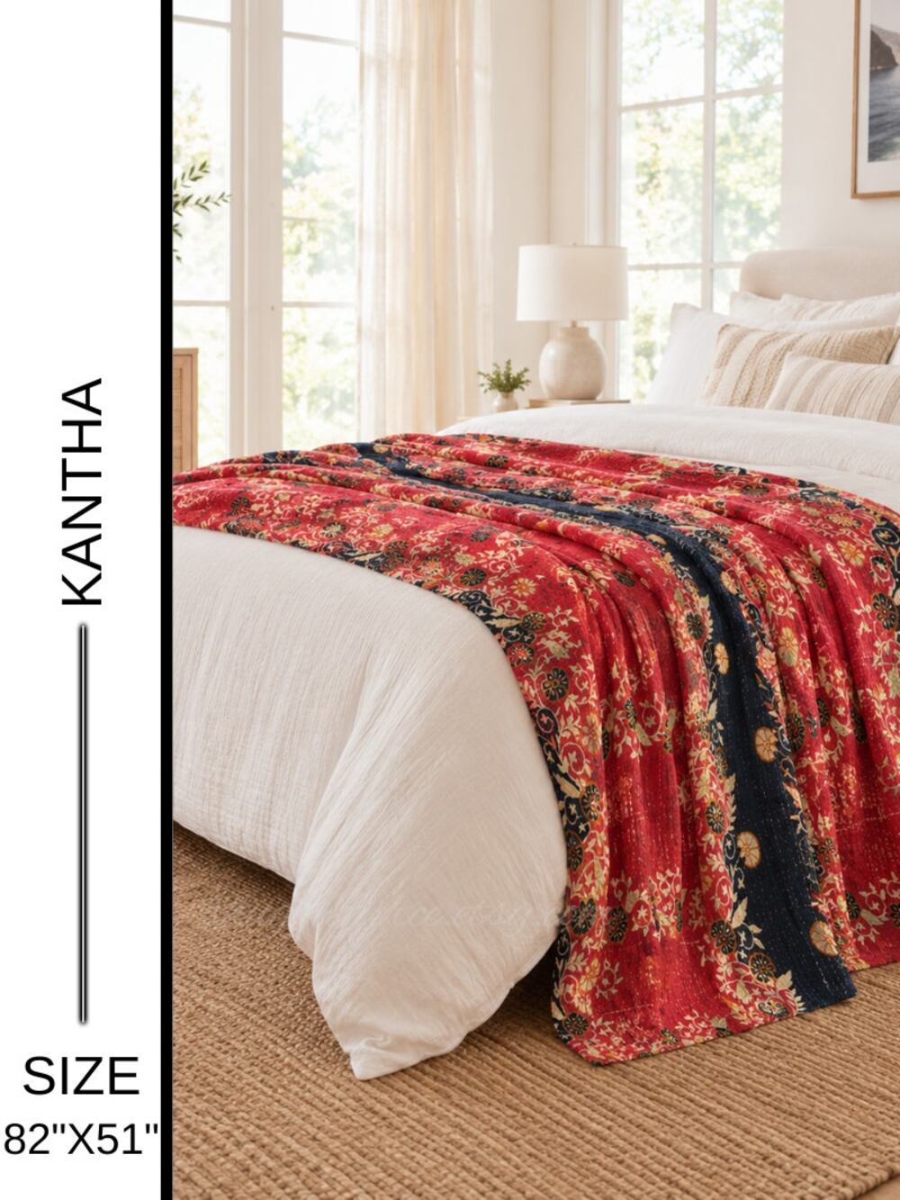 ✨ Handmade Reversible Kantha Cotton Throw Blanket | 82" x 51" | Made in India ✨